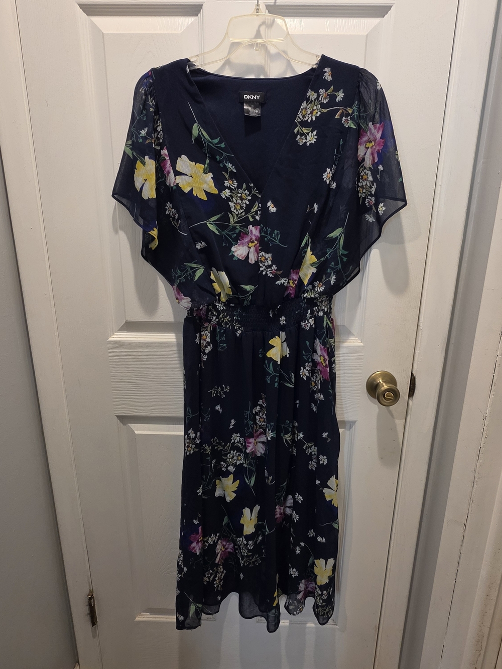 DKNY Navy Blue Floral Chiffon Faux-Wrap Midi Dress - Size 14